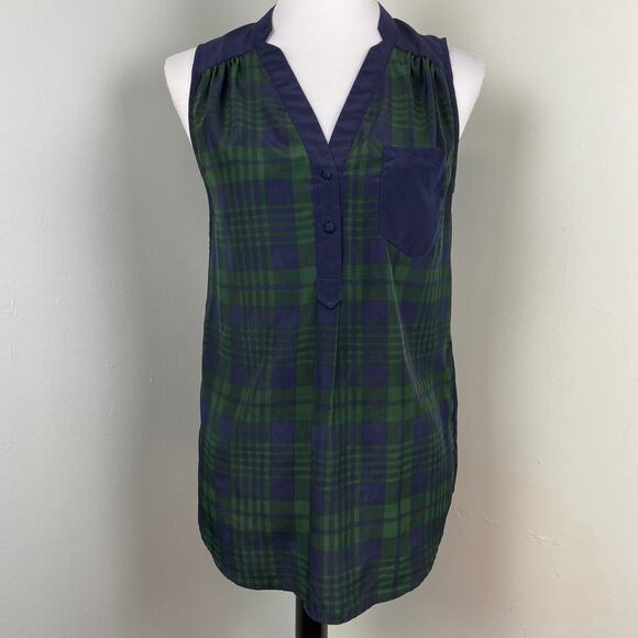 ModCloth Tops - ModCloth Fervour Navy Green Tartan Plaid Sleeveless Blouse Small Holiday